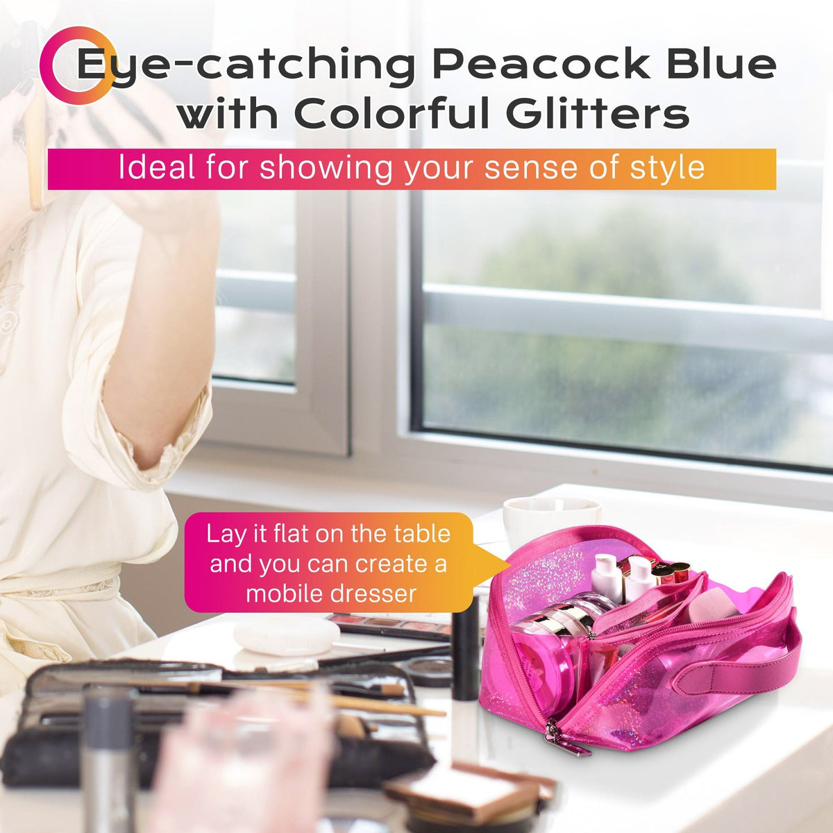 Pink Water-Resistant Makeup Organizer Bag with Multiple Compartments