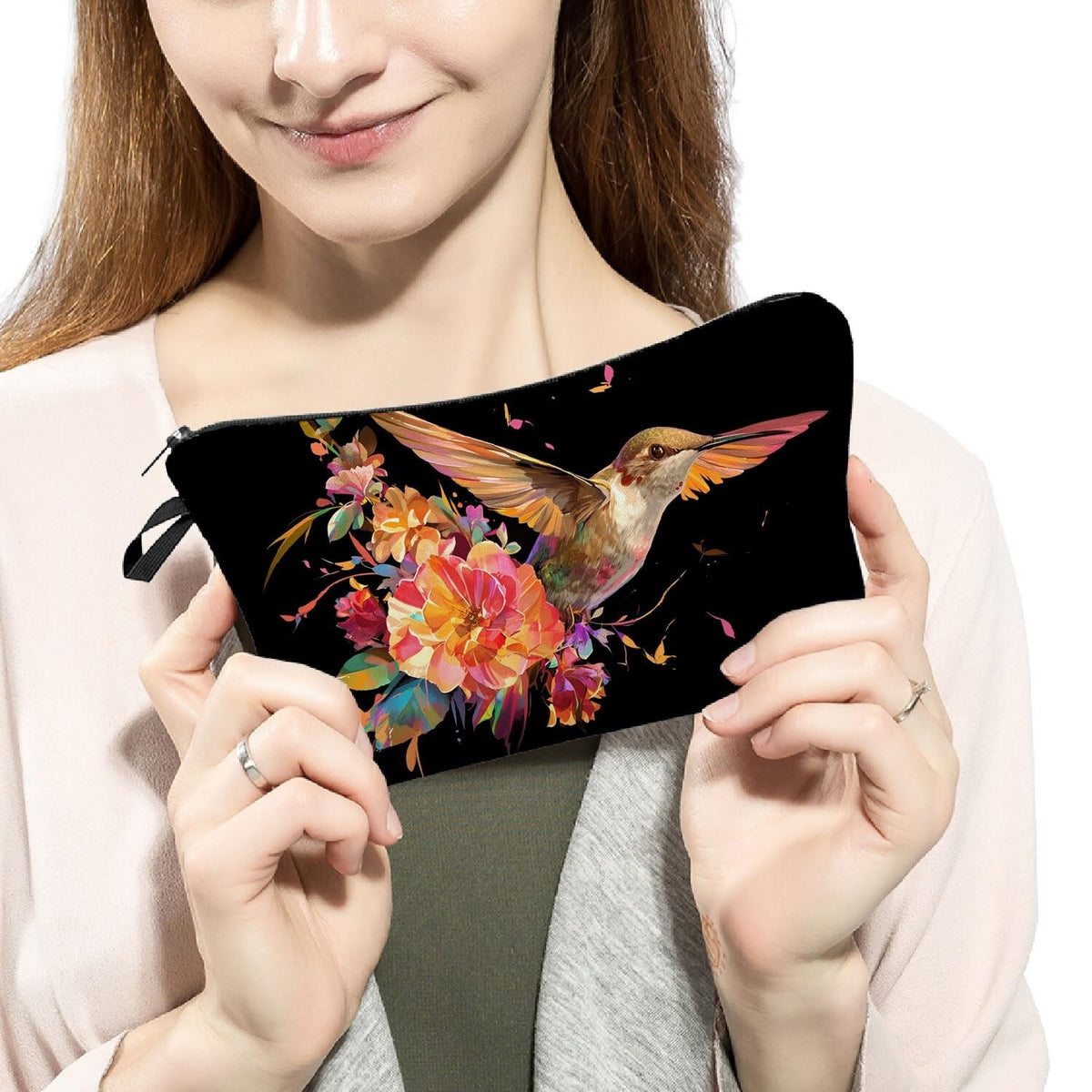 Cute Small Makeup Bag with Floral Hummingbird Design - Travel Organizer, Gift for Women