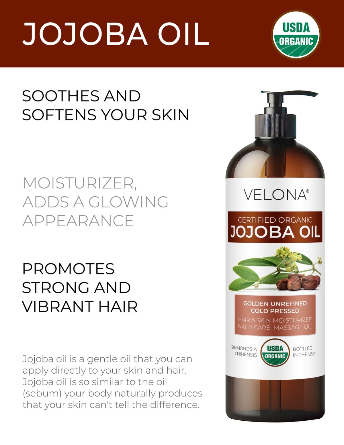 Organic Jojoba Oil - Cold Pressed, USDA Certified 32oz Natural Skin & Hair Care