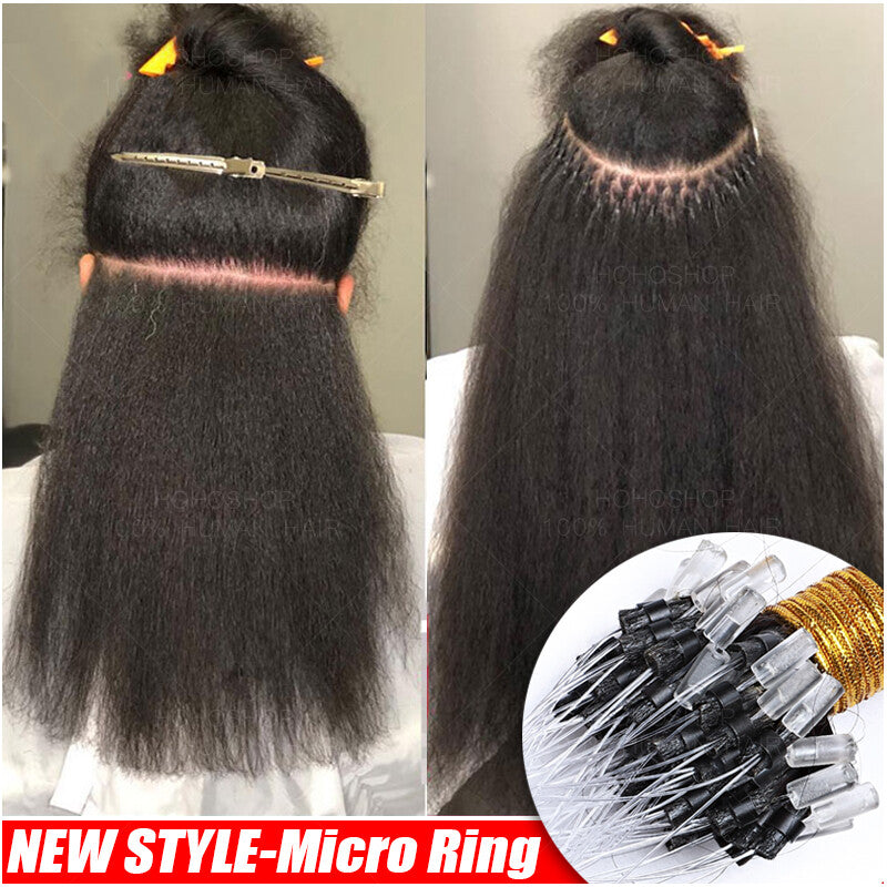 200PCS Micro Link Hair Extensions Human Hair Kinky Straight Yaki Loop Rings