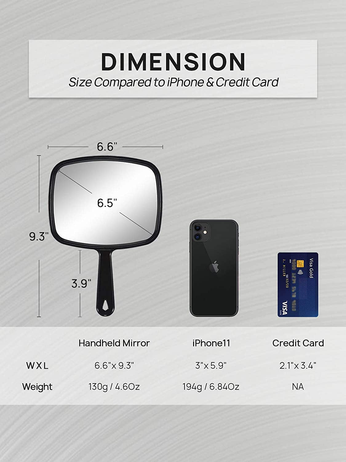 Black Handheld Mirror with Handle - 9.3 x 6.6 Inches, HD Reflection