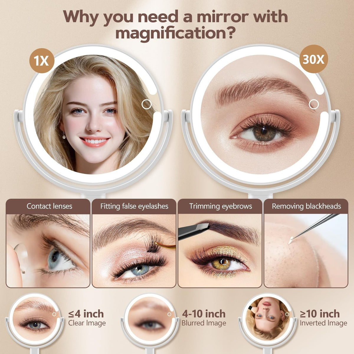 Lighted Makeup Mirror with 30X Magnification, 3 Color Modes, Adjustable Brightness