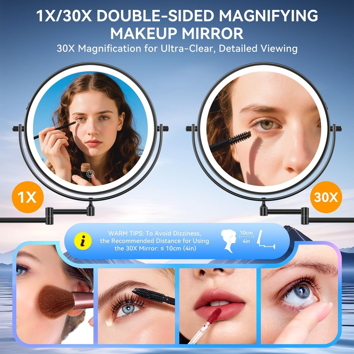 Rechargeable Wall Mounted Lighted Makeup Mirror with 30X Magnification, Dimmable LED, 9 Inch