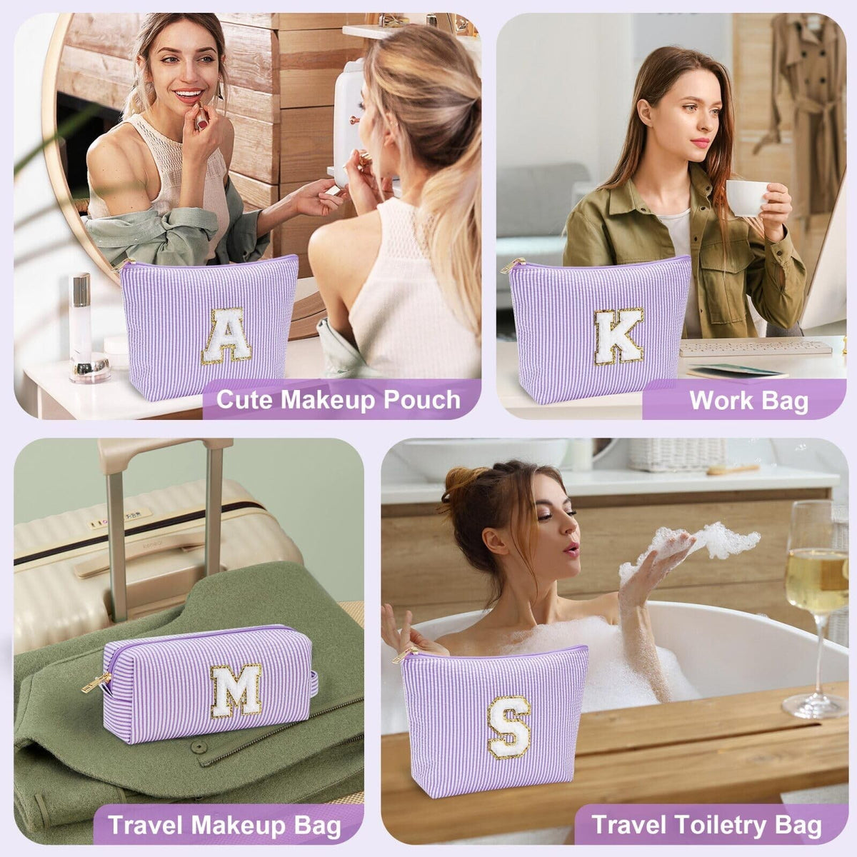 Personalized Purple Makeup Bag for Women - Cute Cosmetic Pouch for Girls and Bridesmaids