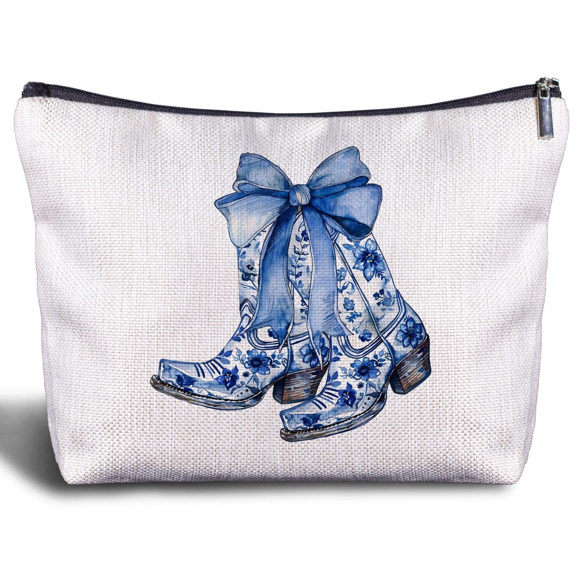 Western Cowgirl Makeup Bag with Blue Bow and Boots - Travel Cosmetic Organizer