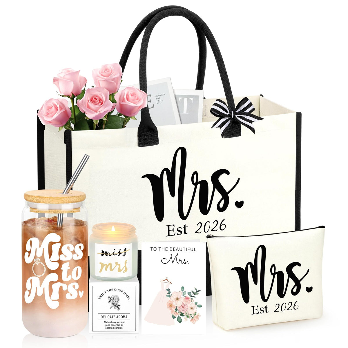 Bride Gift Set with Glass Cup Tote Cosmetic Pouch & Greeting Card - Bridal Shower & Wedding