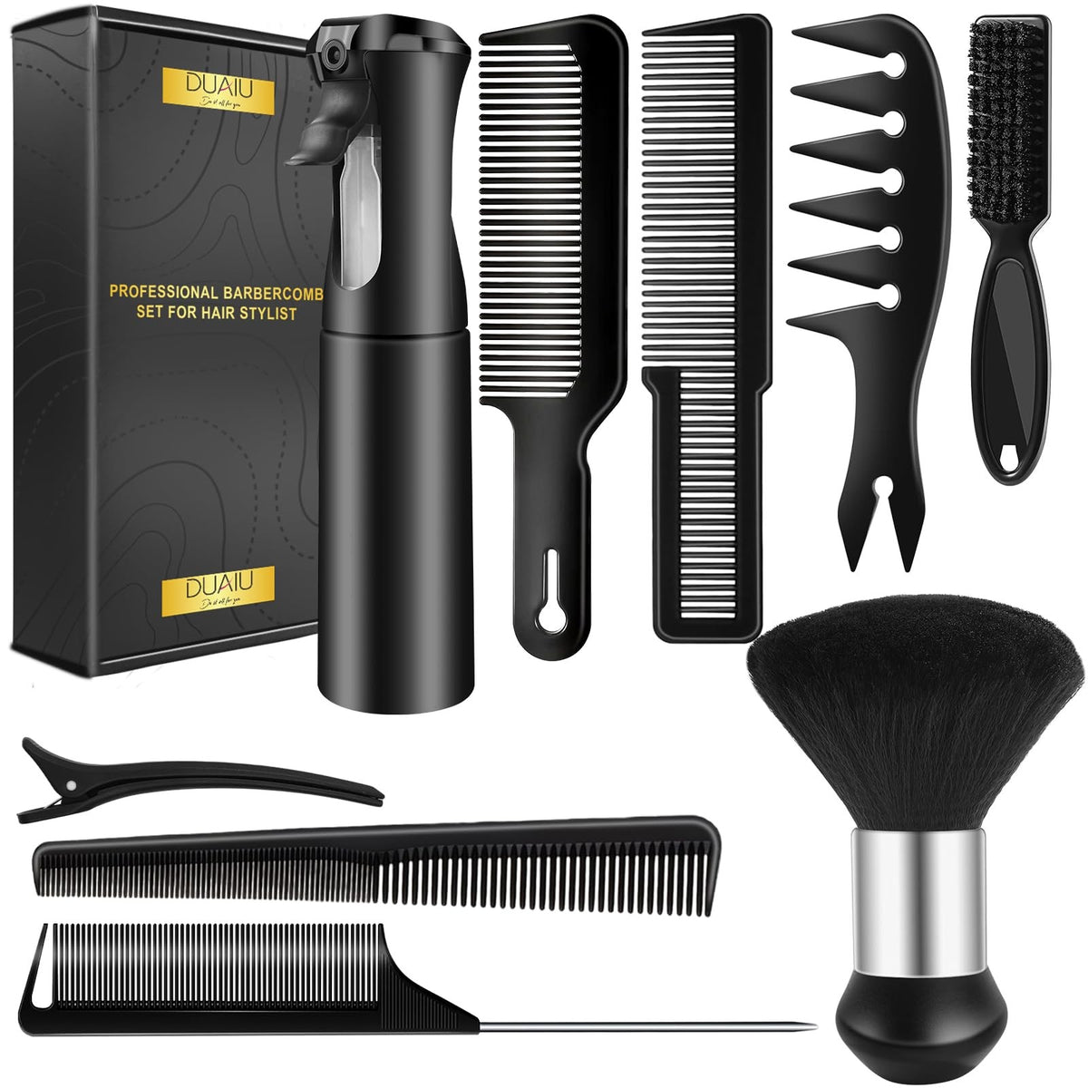 Professional Barber Hair Comb Set with Spray Bottle & Grooming Tools, 9 Pieces