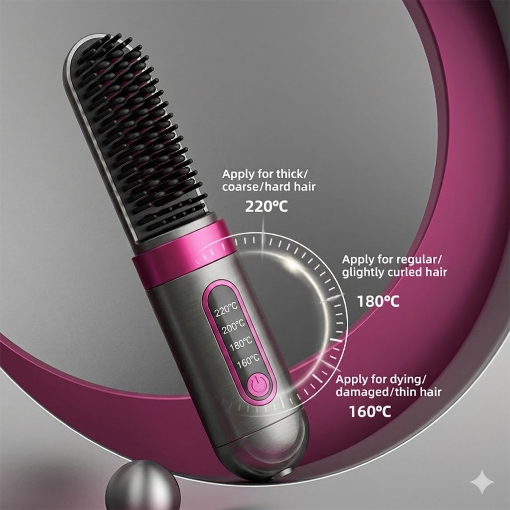 Cordless Hair Straightener Brush with Adjustable Temperature & LCD Display