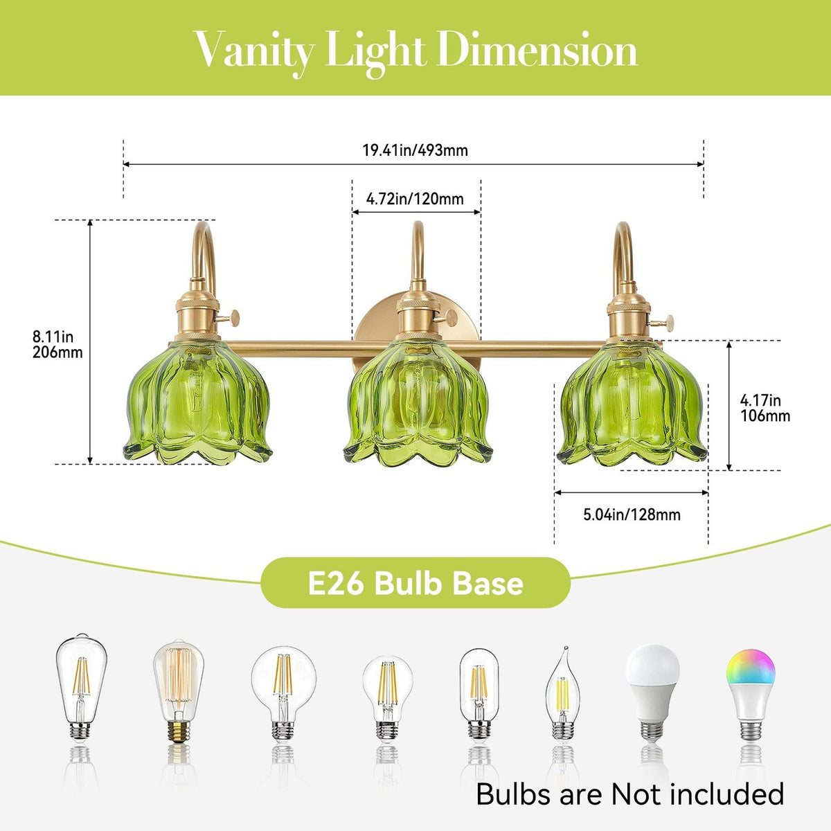 3-Light Brushed Gold Bathroom Vanity Light with Green Tulip Glass Shades