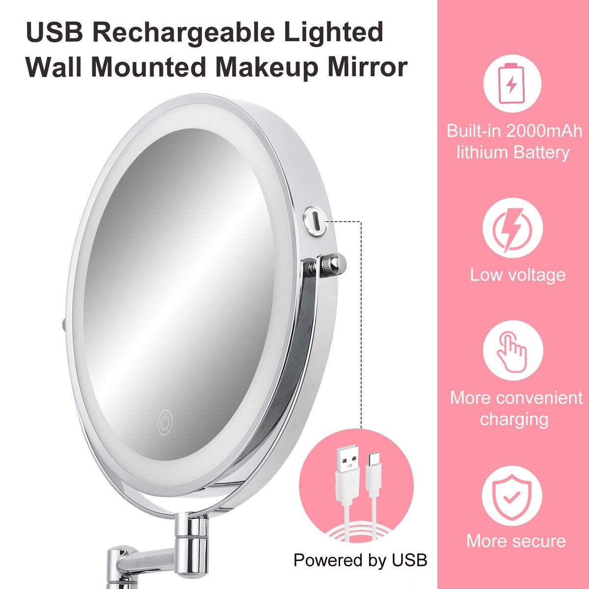 8-Inch LED Wall Mounted Makeup Mirror with 10X Magnification, Adjustable Brightness & 3 Color Modes