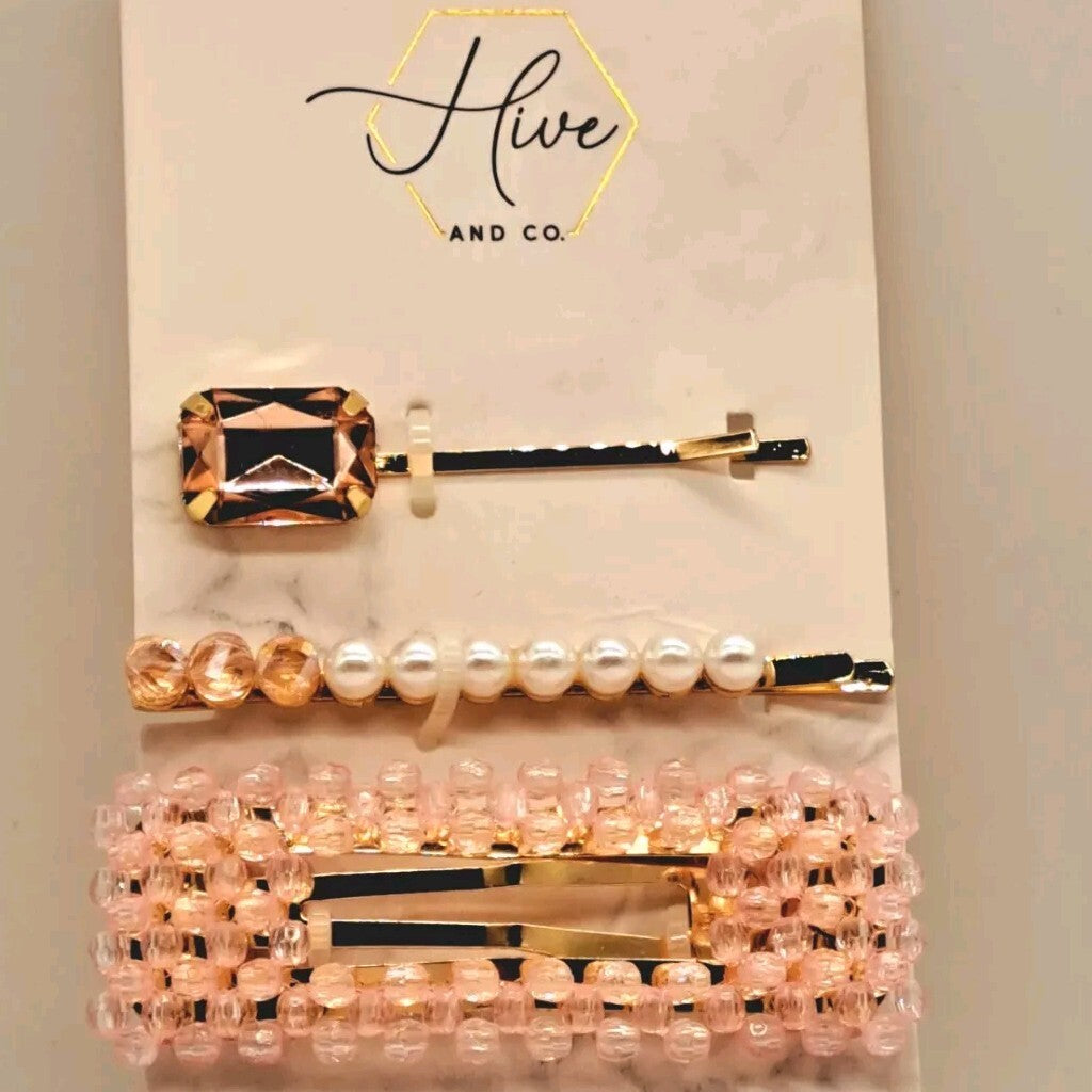 Hive And Co. Pink Beaded Barrette Pearl Bobby Pin Jewel 2 PACKS