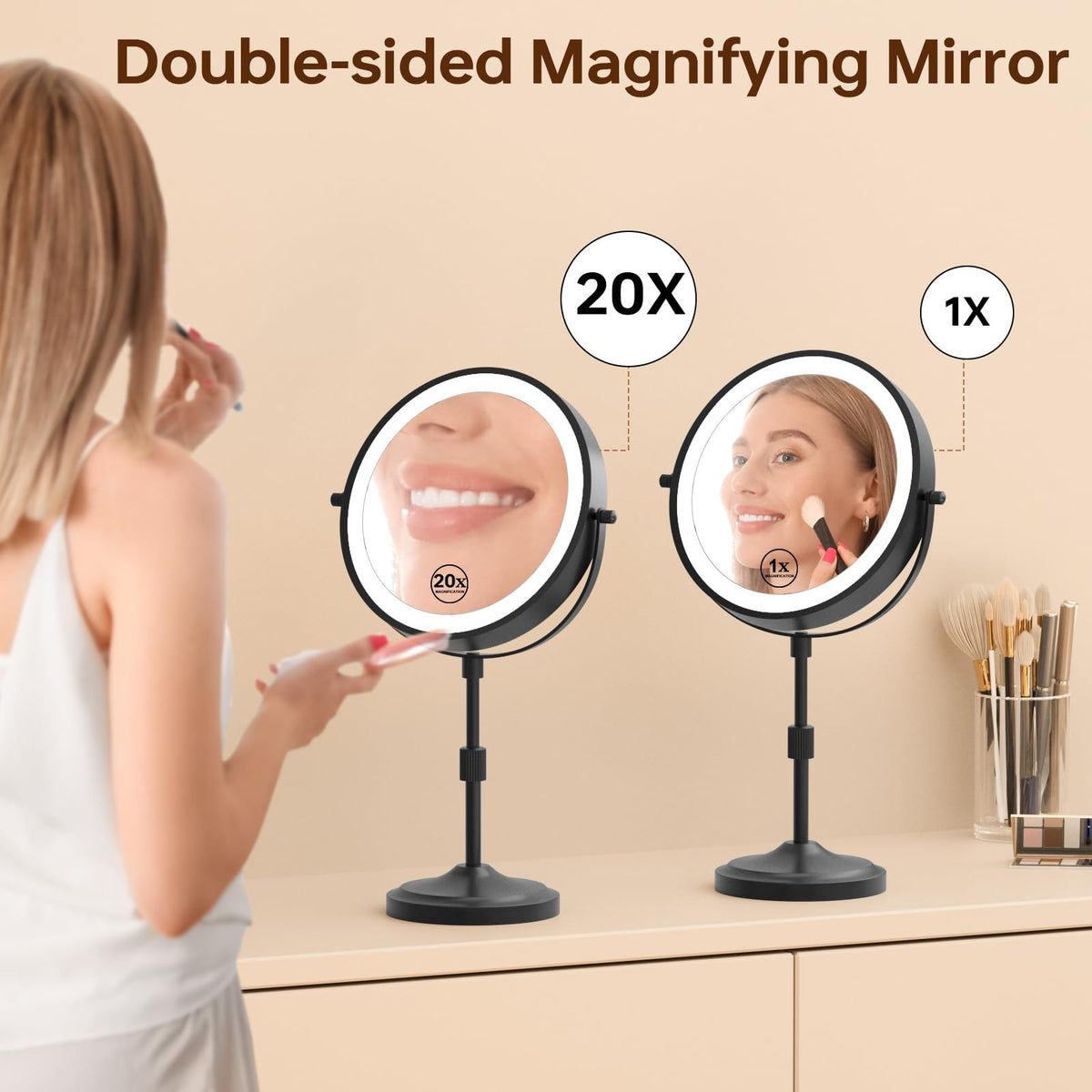 Lighted Makeup Mirror with 20X Magnification, Adjustable Height & Dimmable LEDs
