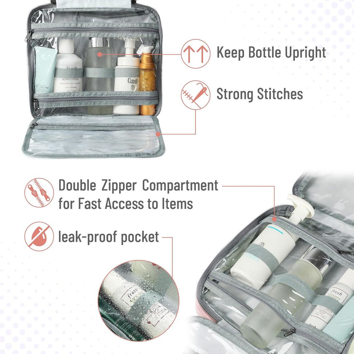 Travel Toiletry Bag Organizer Baby Pink, Foldable Water-Resistant Cosmetic Case