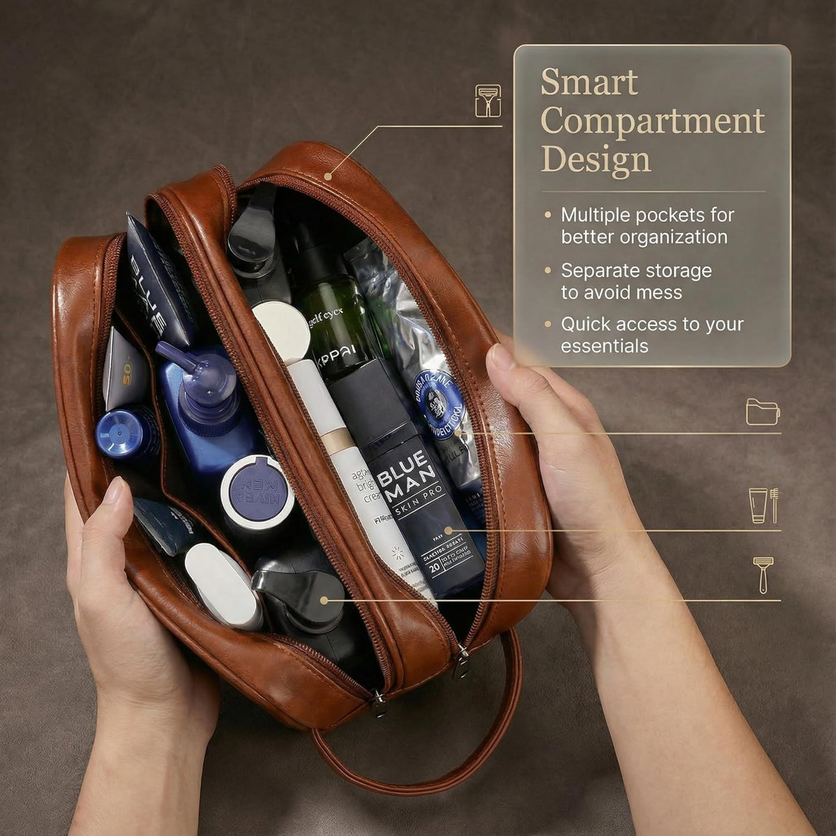 Men's Leather Travel Toiletry Bag Double Deck Waterproof Grooming Organizer