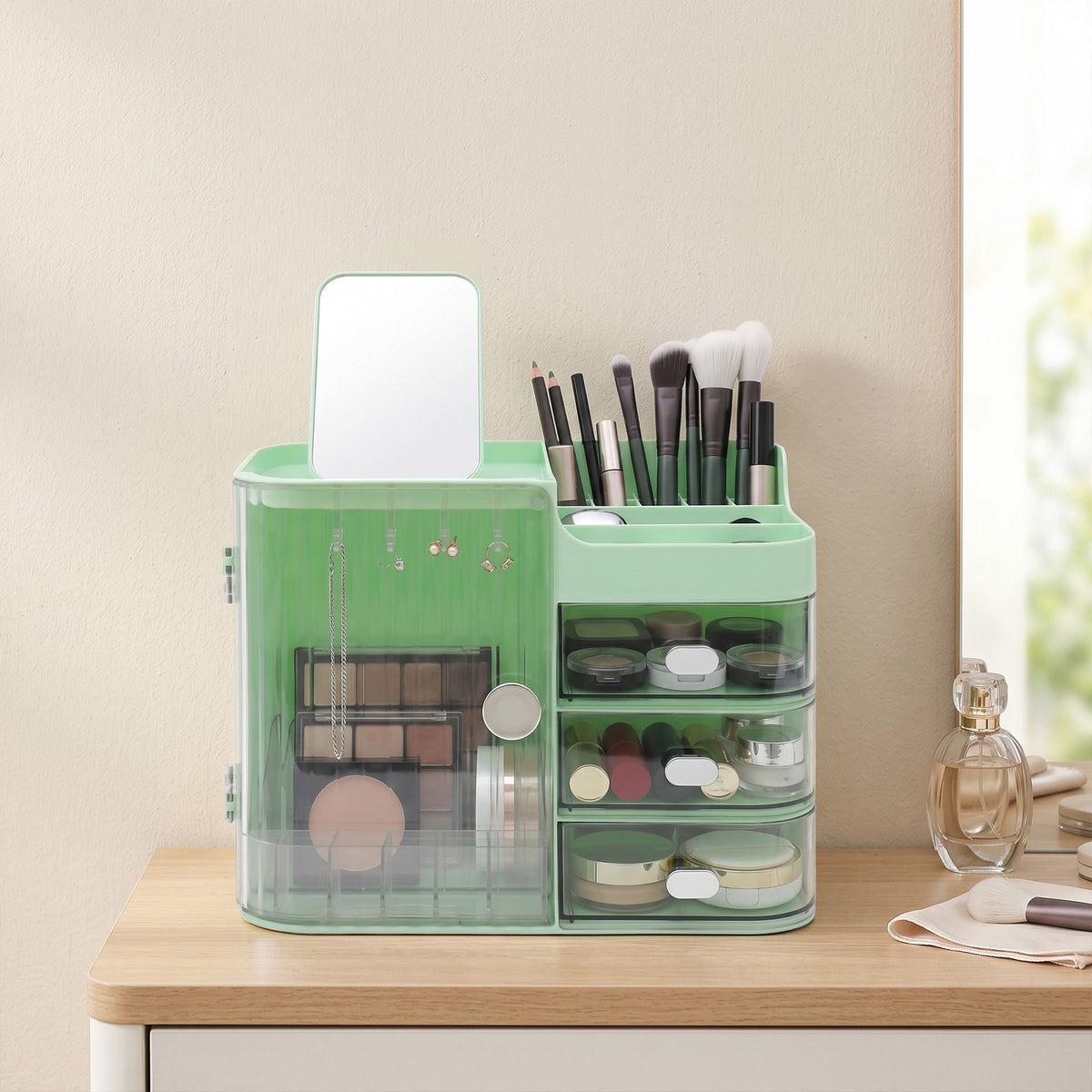 Tiered Makeup Organizer with Mirror and Multiple Compartments for Cosmetics