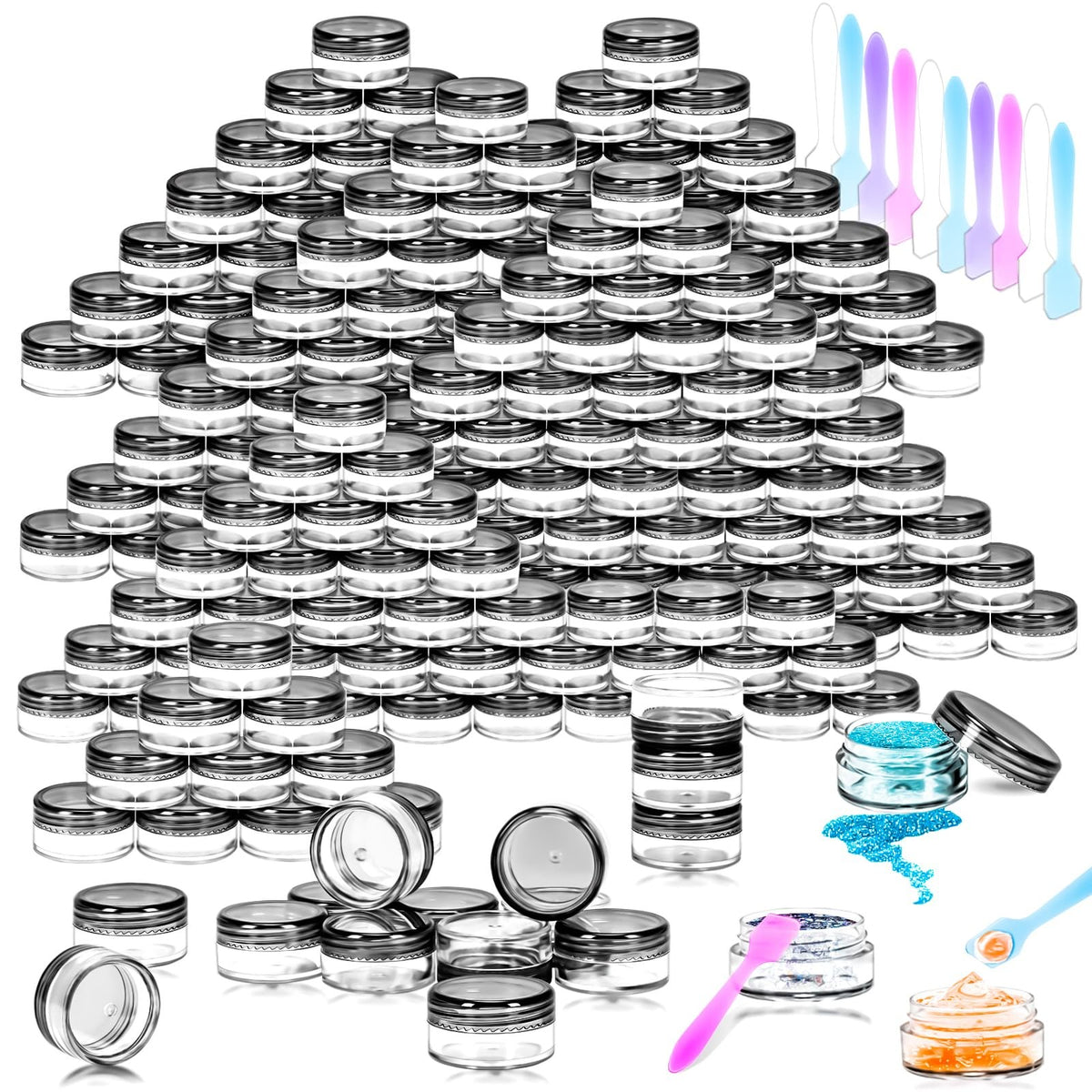 100pcs 5g Reusable Plastic Cosmetic Sample Containers with Black Lids