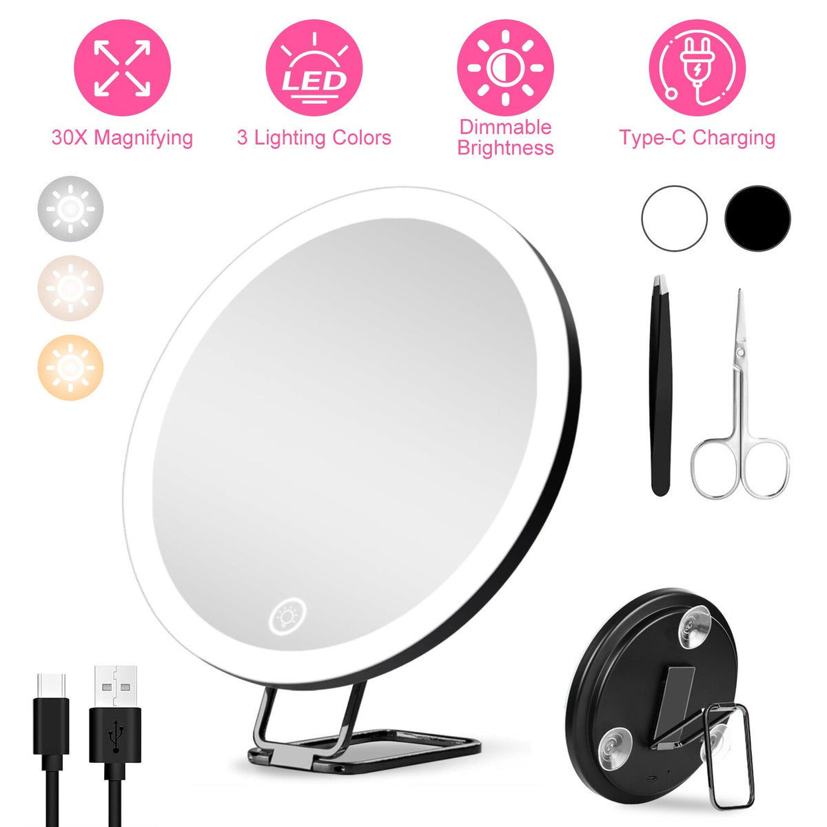 Magnifying Makeup Mirror with Light 30X Double-Sided Dimmable LED