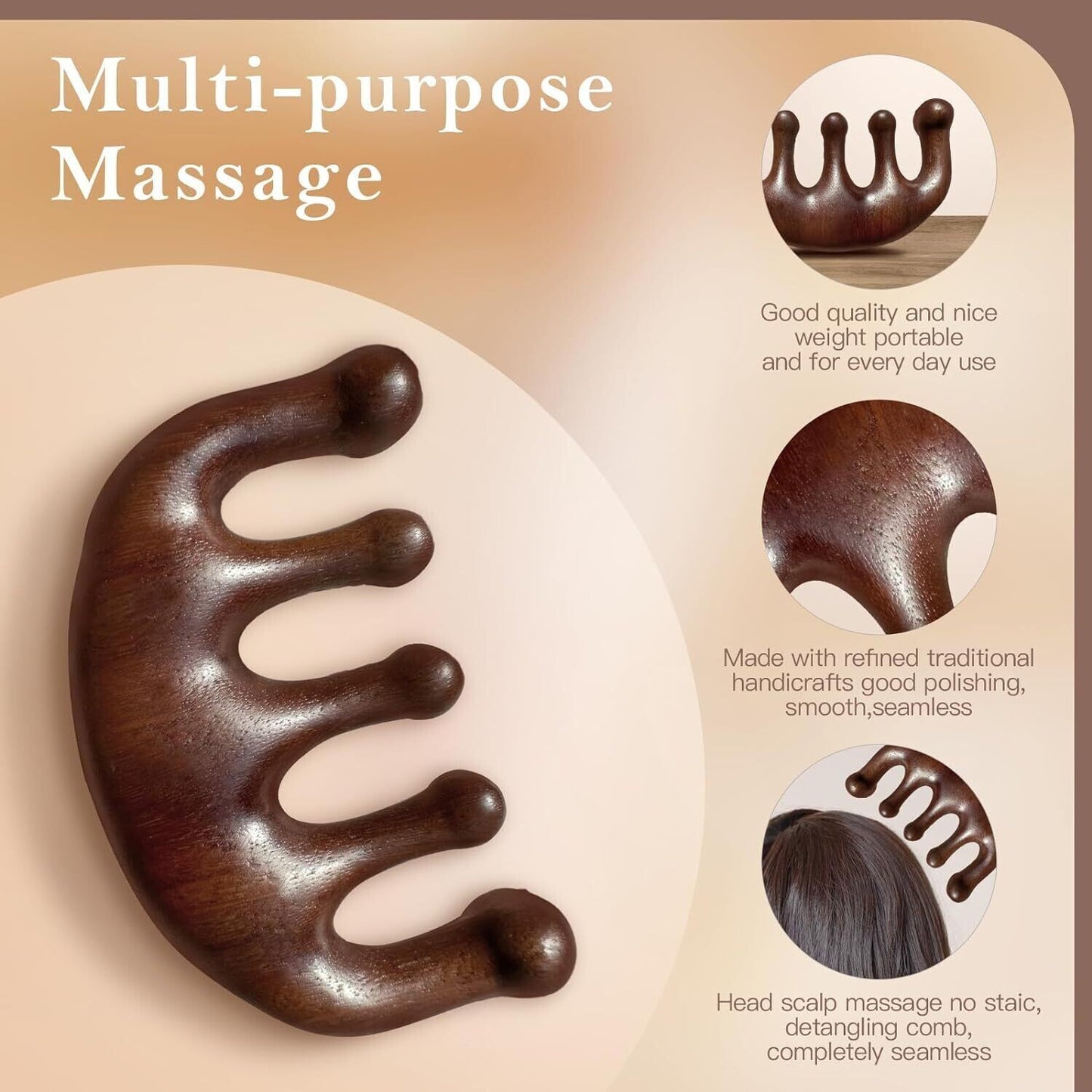 Handmade Natural Sandalwood Wide Tooth Hair Comb for Scalp Massage & Hair Care