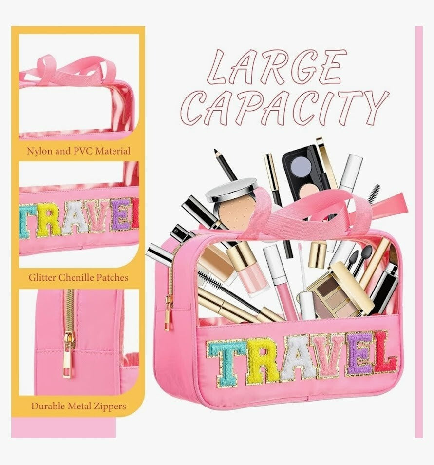 Chenille Letter Makeup Bag with Nylon Zipper - Large Travel Cosmetic Organizer