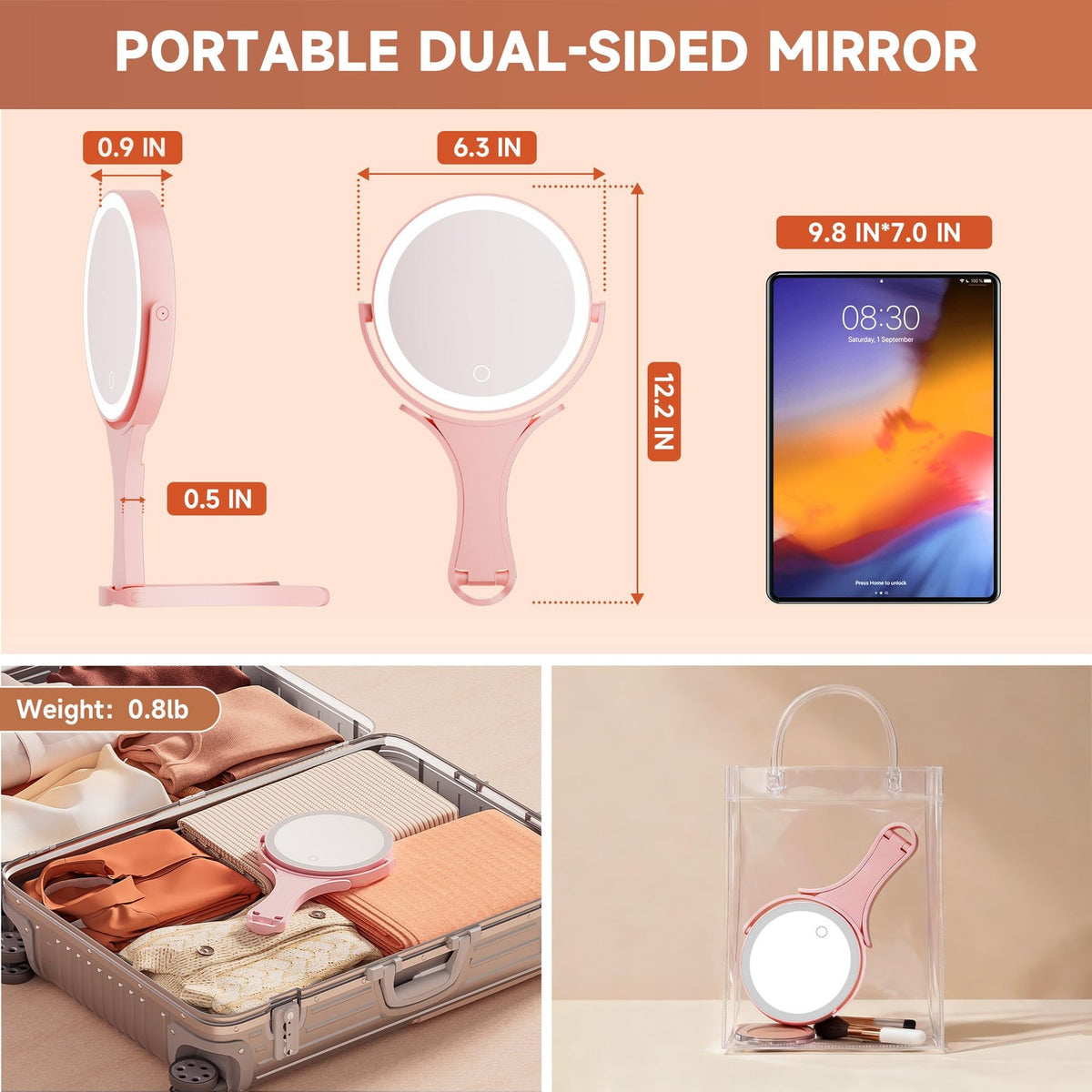 Portable Travel Makeup Mirror with Lights 360° Rotating 1X/10X Magnification Pink