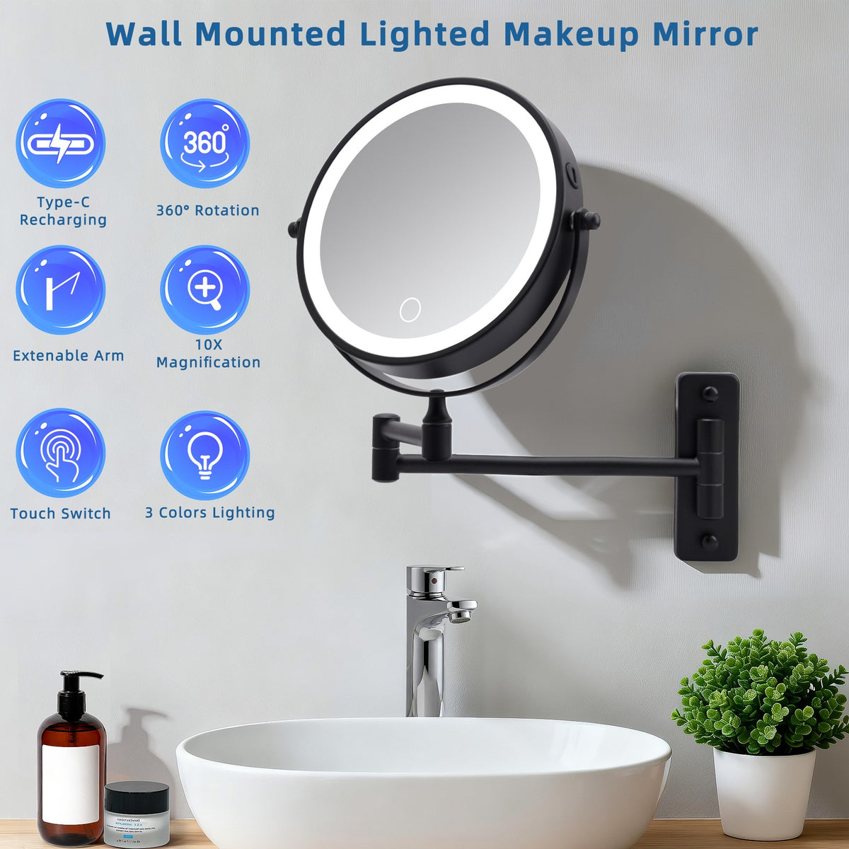 Rechargeable LED Wall Mounted Makeup Mirror with 3 Color Lights 8-inch 10X Magnification