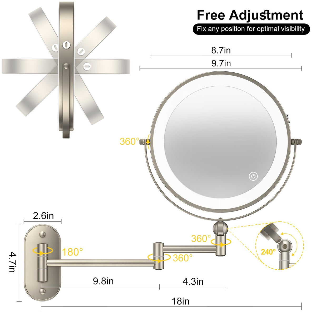 9-Inch Wall Mounted Lighted Makeup Mirror with Rechargeable Battery