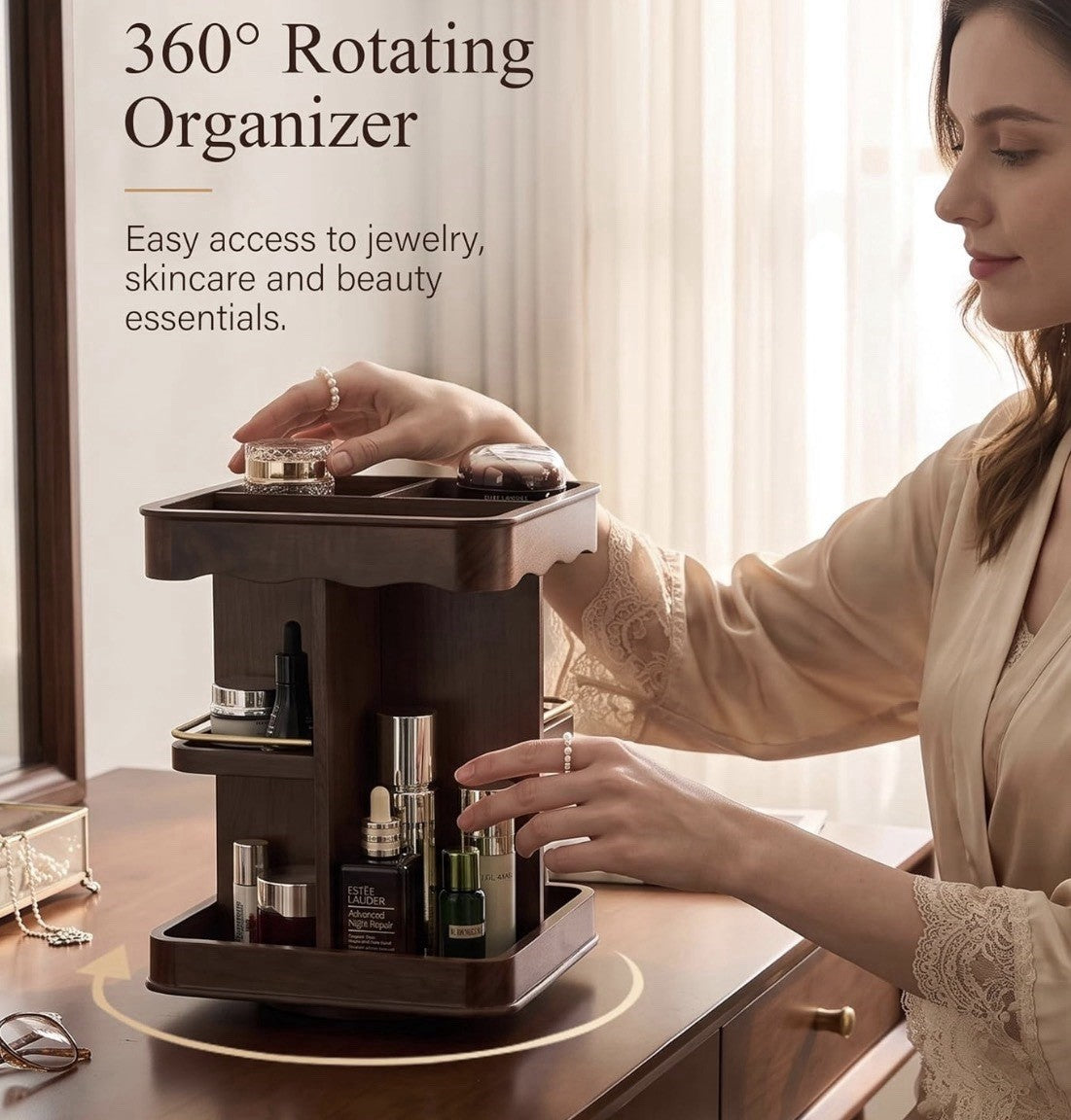 Wooden Rotating Cosmetic Organizer with Velvet Lining and Gold Accents
