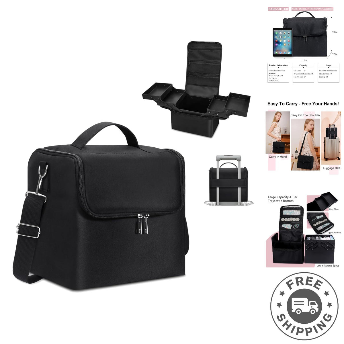 4-Tier Black Makeup Carrying Case with Detachable Shoulder Strap