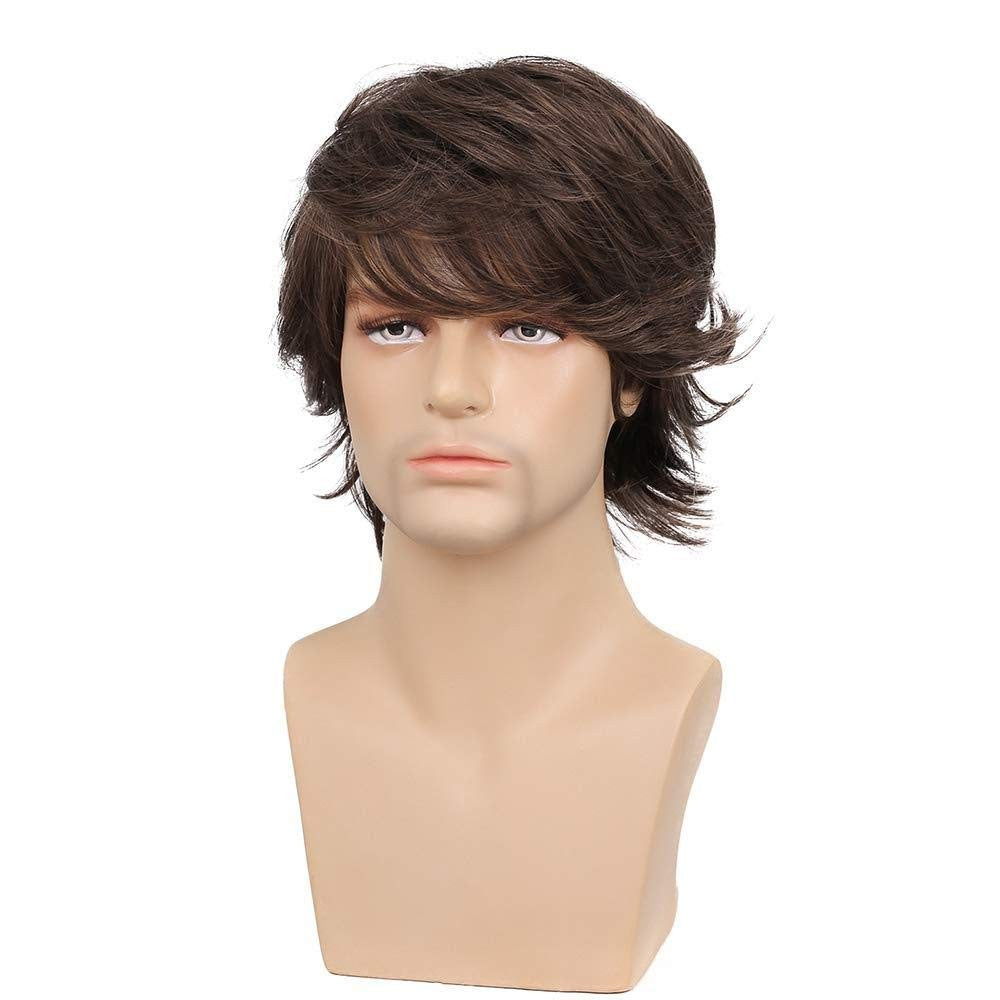 Mens Brown Short Layered Wavy Heat-Resistant Synthetic Wig for Cosplay & Casual