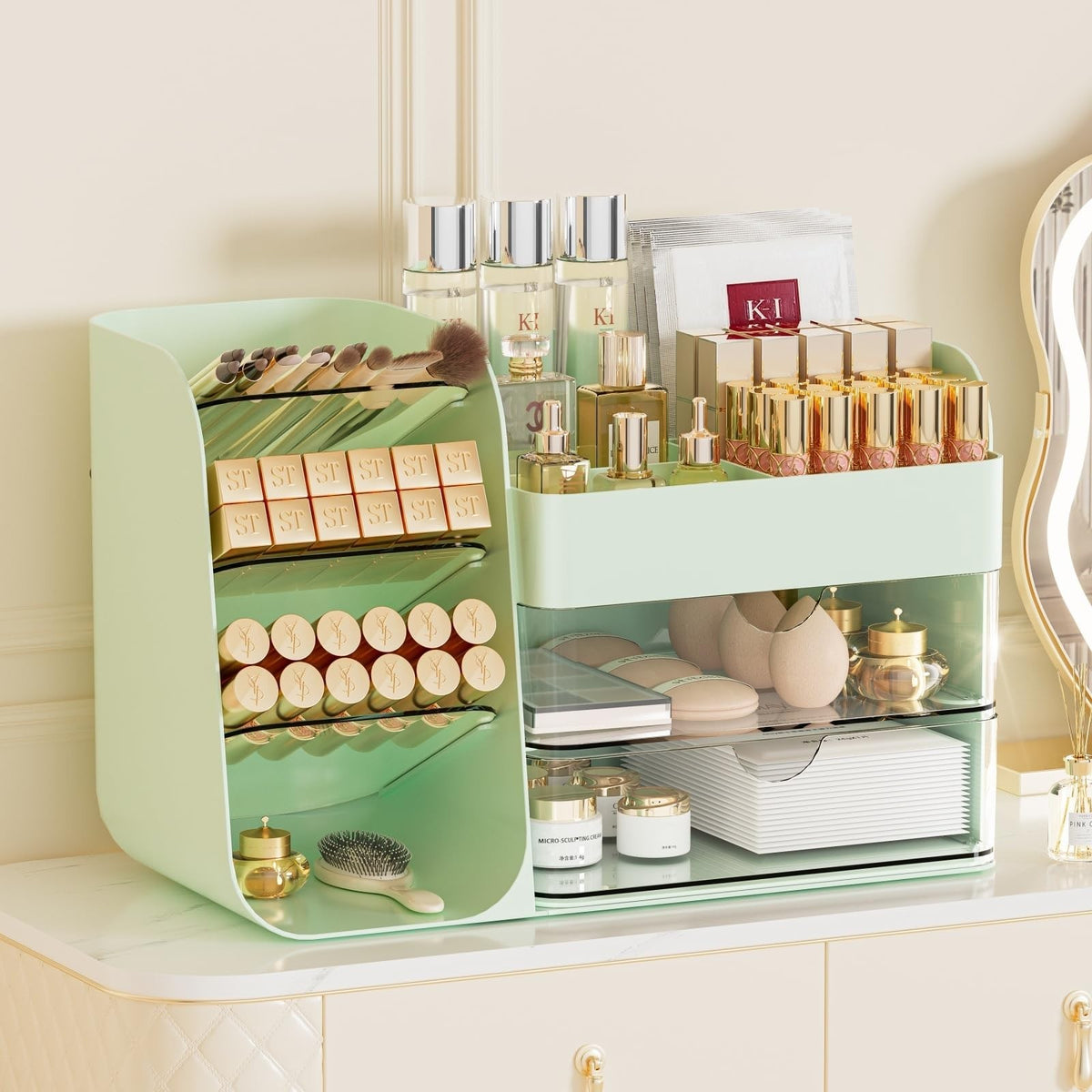 Large Green Makeup Organizer with Brush Holder & Drawers for Vanity