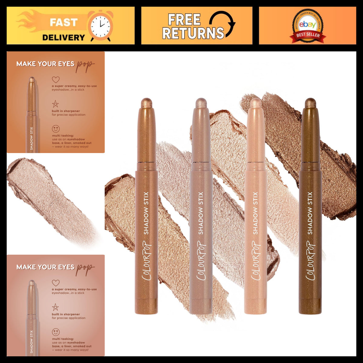 Cream Eyeshadow Stick Bundle - Long-Lasting, Vibrant Colors, 4 Pack