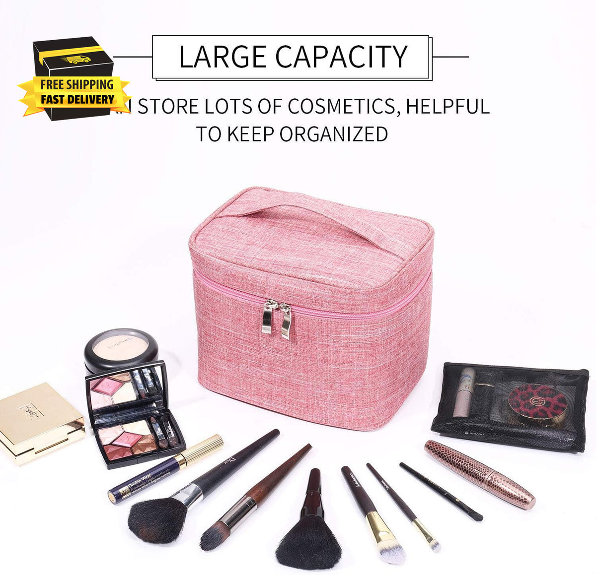 Large Travel Makeup Bag with Mesh Pouch and Organizer - Pink