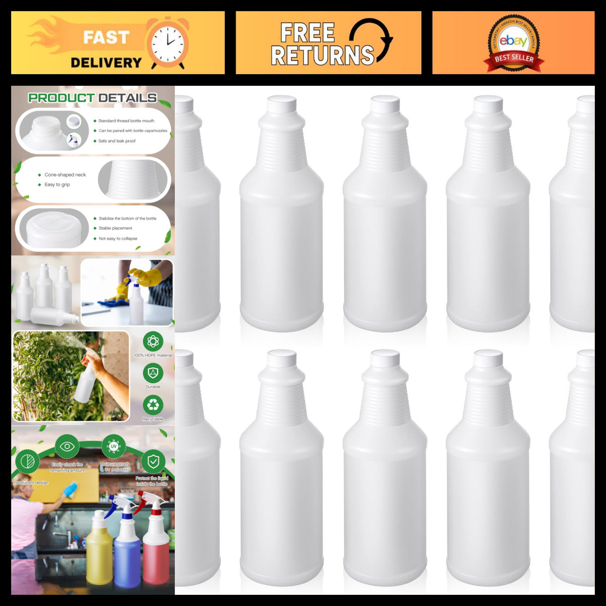 Chemical Resistant 32oz HDPE Plastic Bottles - 10 Pack for Safe Storage