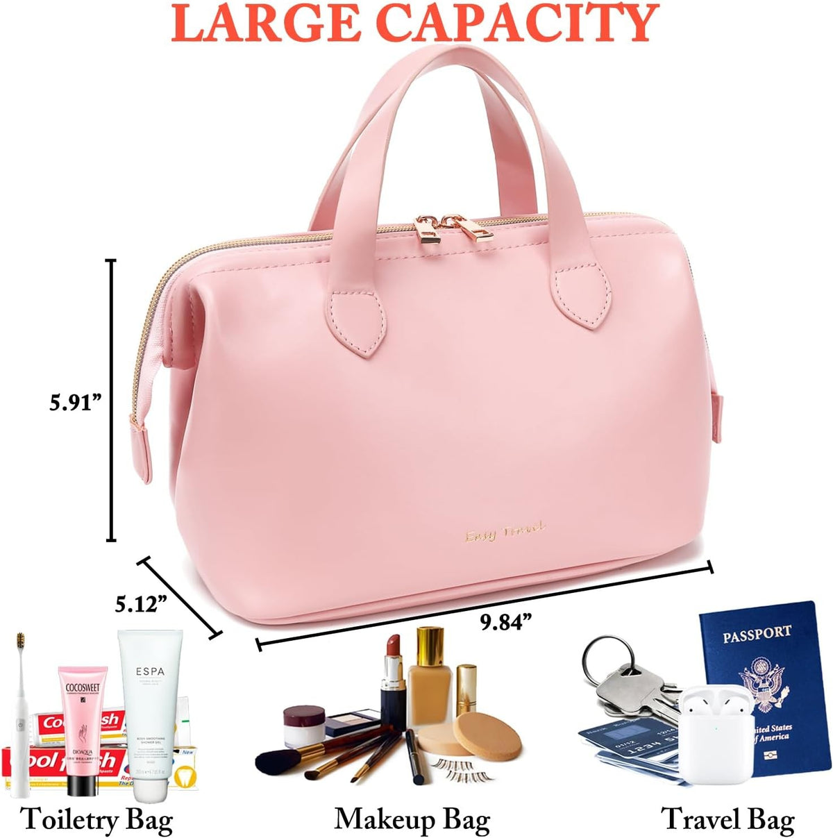 Travel Makeup Bag Waterproof PU Leather Wide Opening Cosmetic Organizer