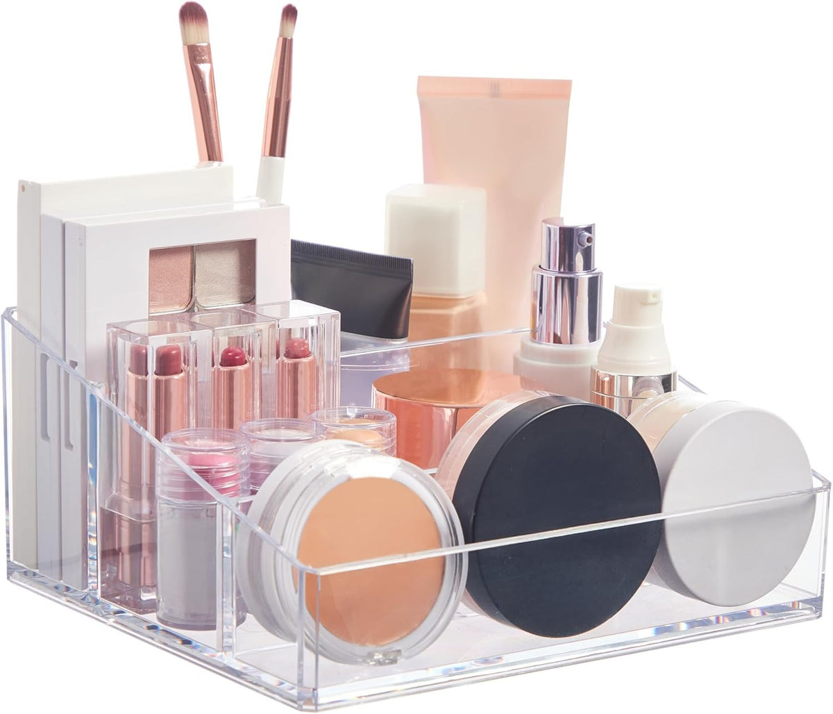 Clear Plastic Vanity Makeup Organizer with 4 Compartments - Compact Storage