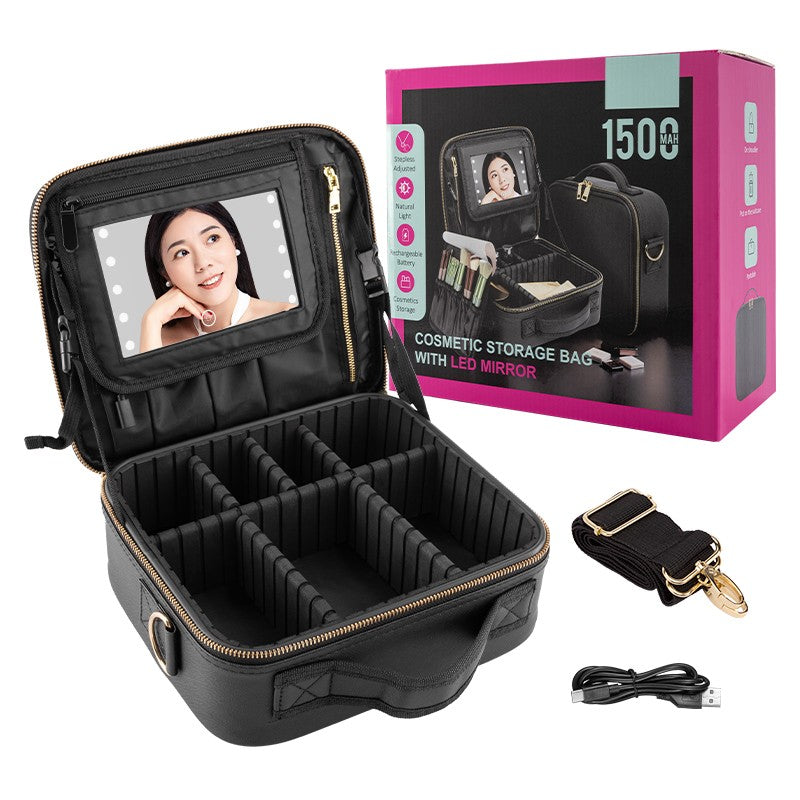 Travel Waterproof Makeup Bag with LED Light Mirror and Handle