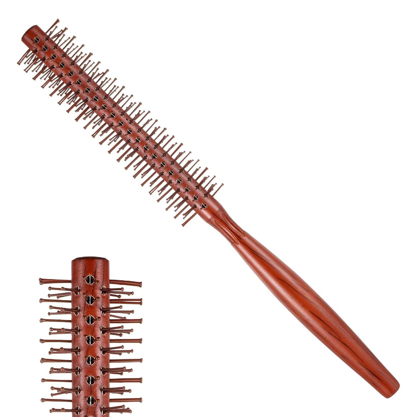 Round Wooden Hair Brush with Nylon Bristles - Travel Detangling & Styling Tool
