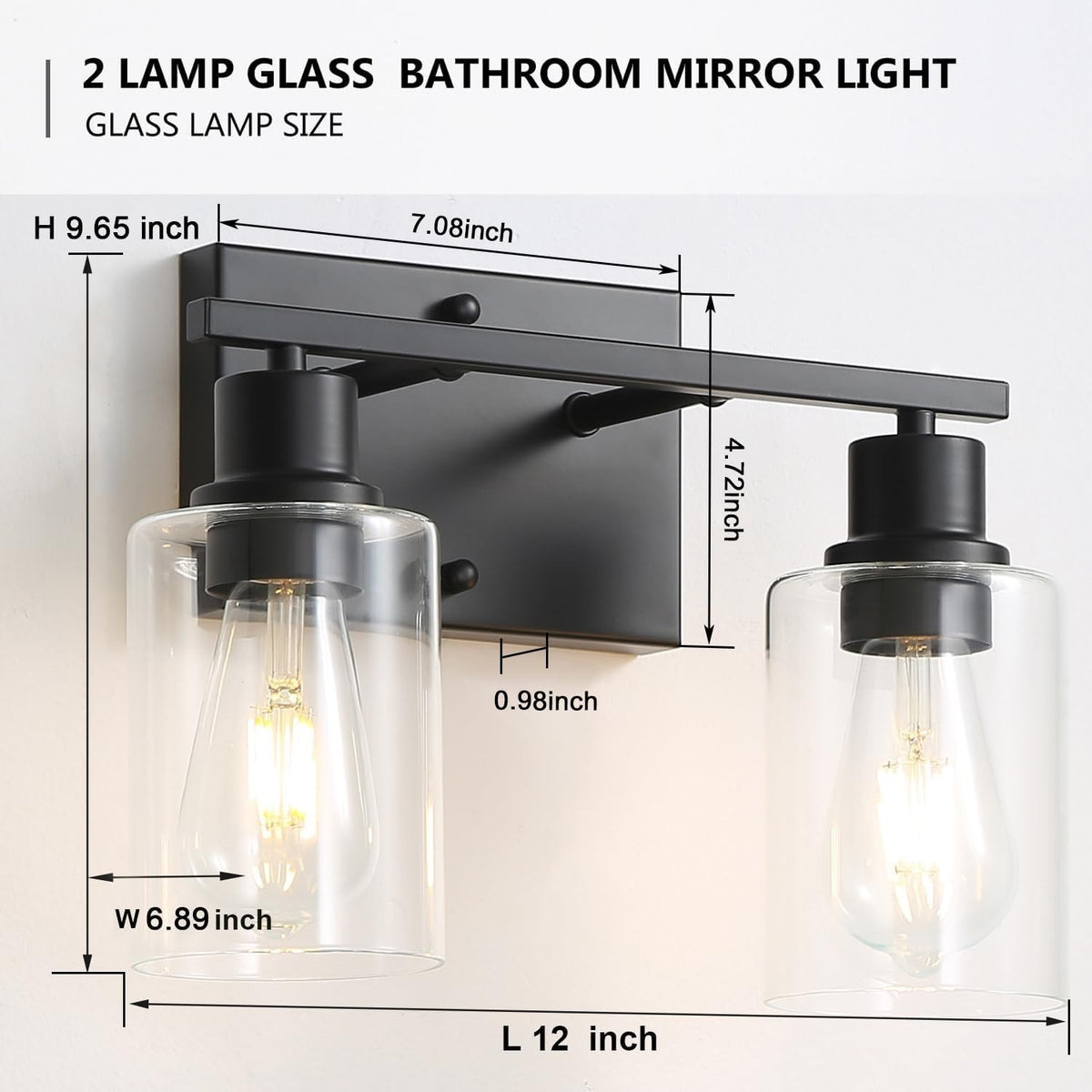 2-Light Matte Black Bathroom Vanity Light Fixtures with Clear Glass Shades