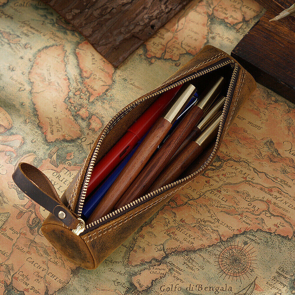 Handmade Leather Pen Pouch Zipper Pencil Case Stationery Storage Box Gift