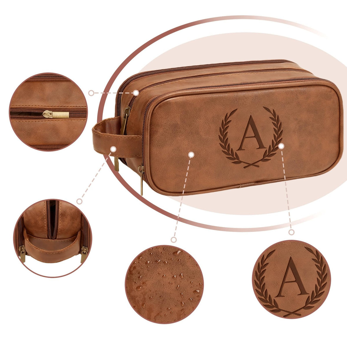 Men's Waterproof Travel Shaving & Grooming Bag with Initials - Leather Dopp Kit
