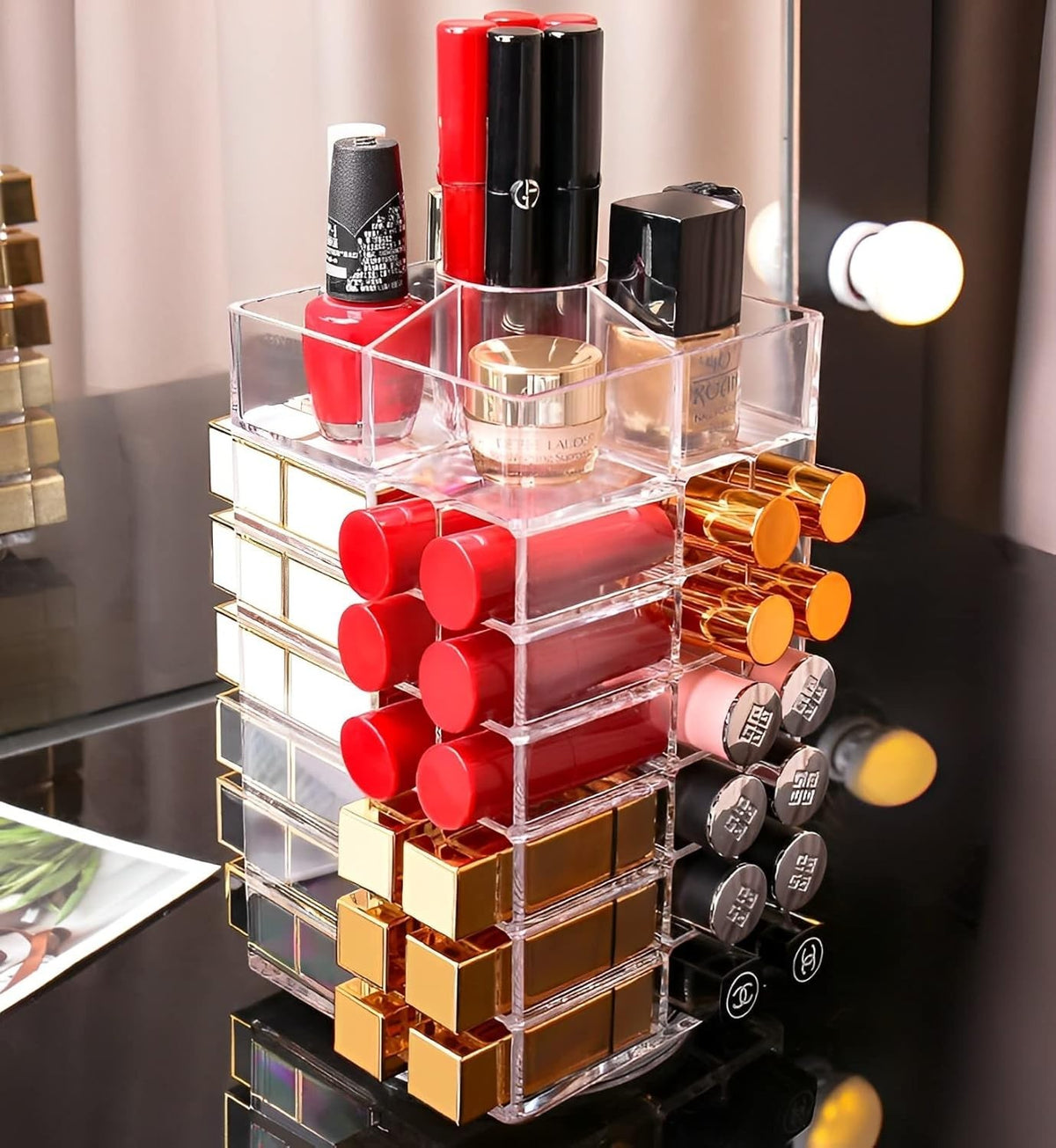 360 Degree Spinning Lipstick Organizer Holder with 53 Slots, Clear Acrylic