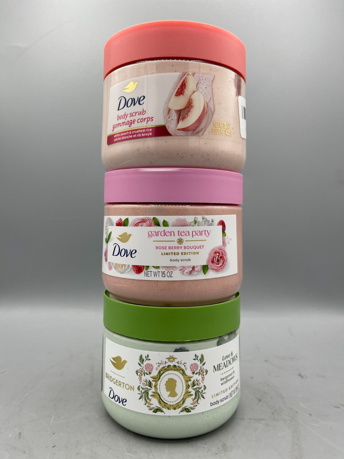 Lot Of 3 Dove Body Scrub 15 oz Each White Peach, Bergamot, Rose Berry
