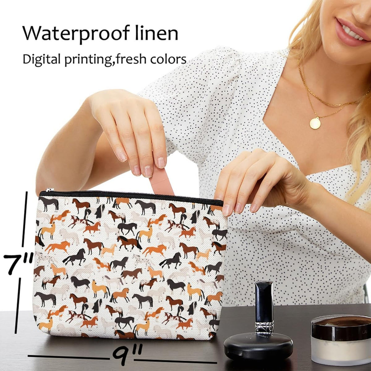 Blue Leaves Waterproof Horse Makeup Bag with Animal Print - Travel Cosmetic Organizer