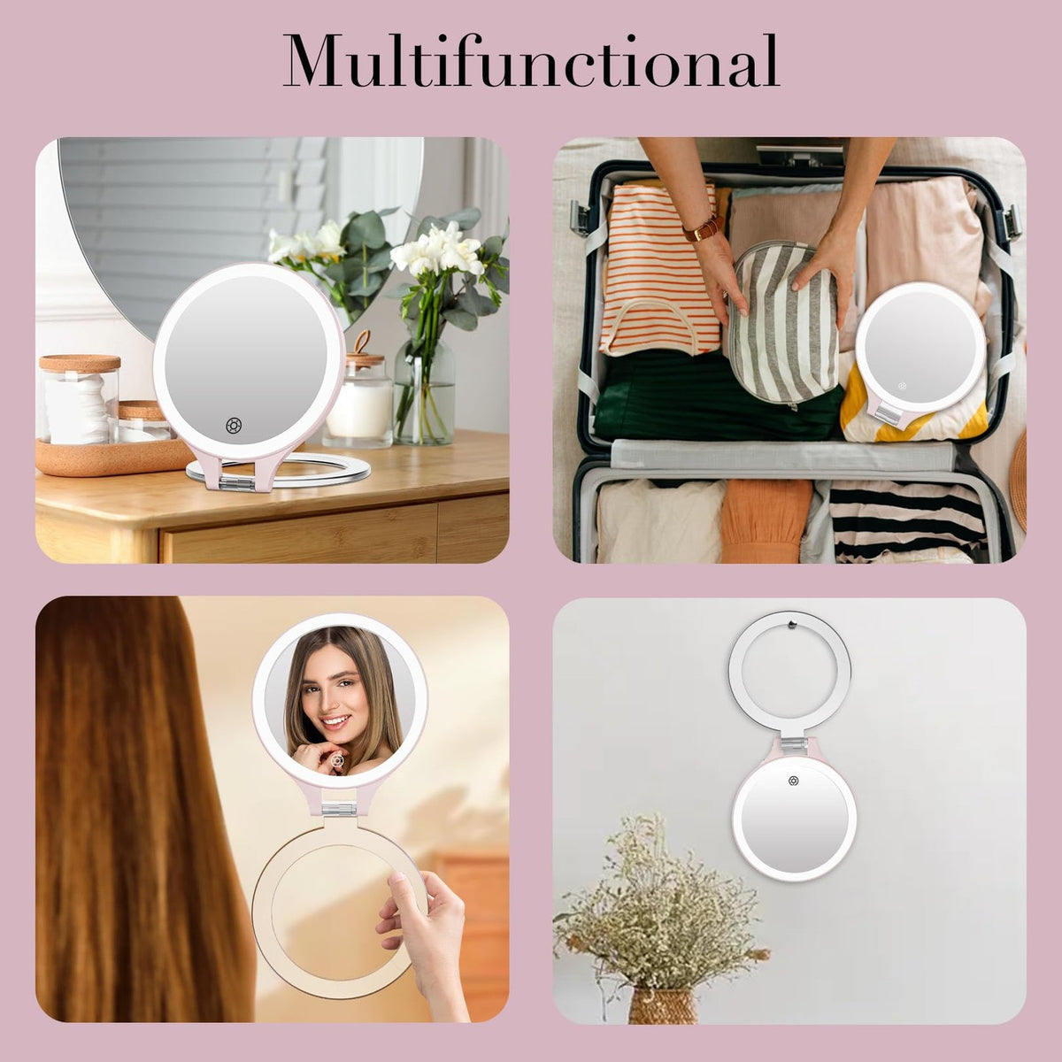 Lighted Travel Makeup Mirror with 10X Magnification and Rechargeable LED