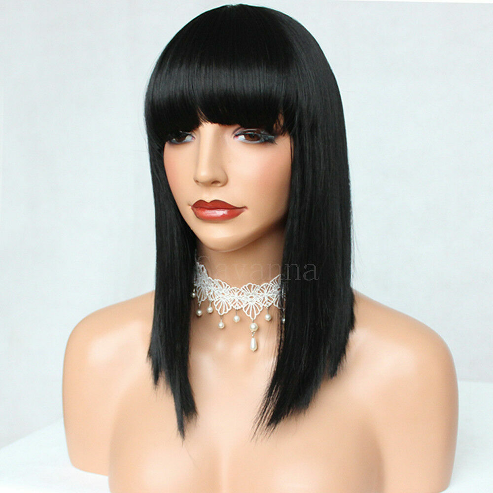 Black Bob Wigs with Bangs - Straight Blunt Cut Shoulder Length Short Wig for Women