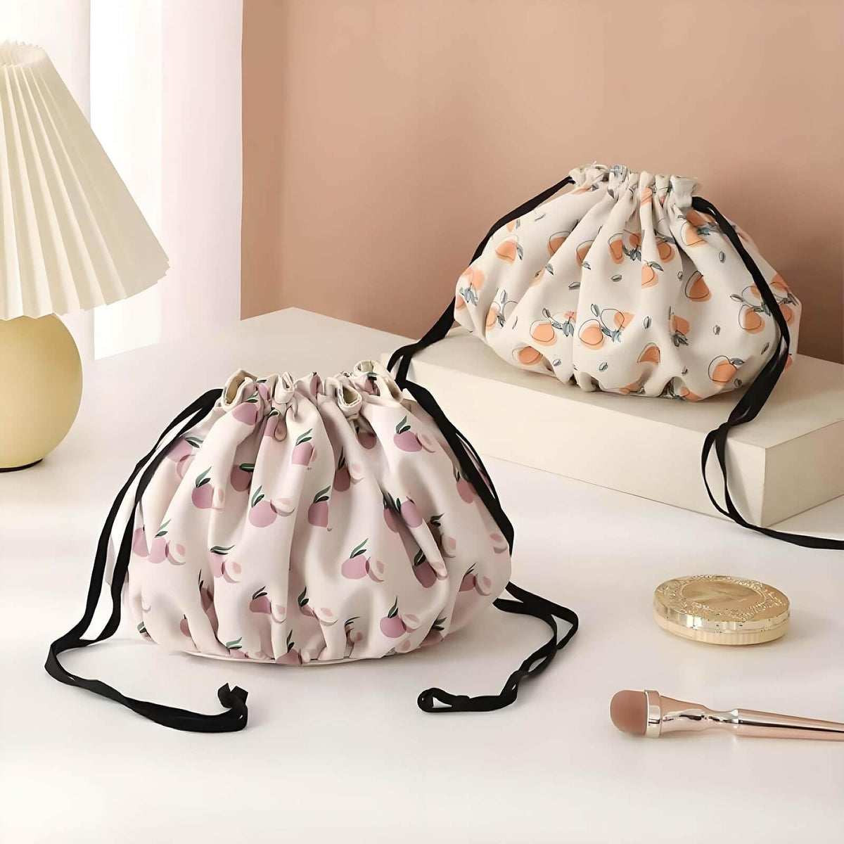 Large Capacity Drawstring Makeup Bag with Oxford Fabric - Milk Apricot