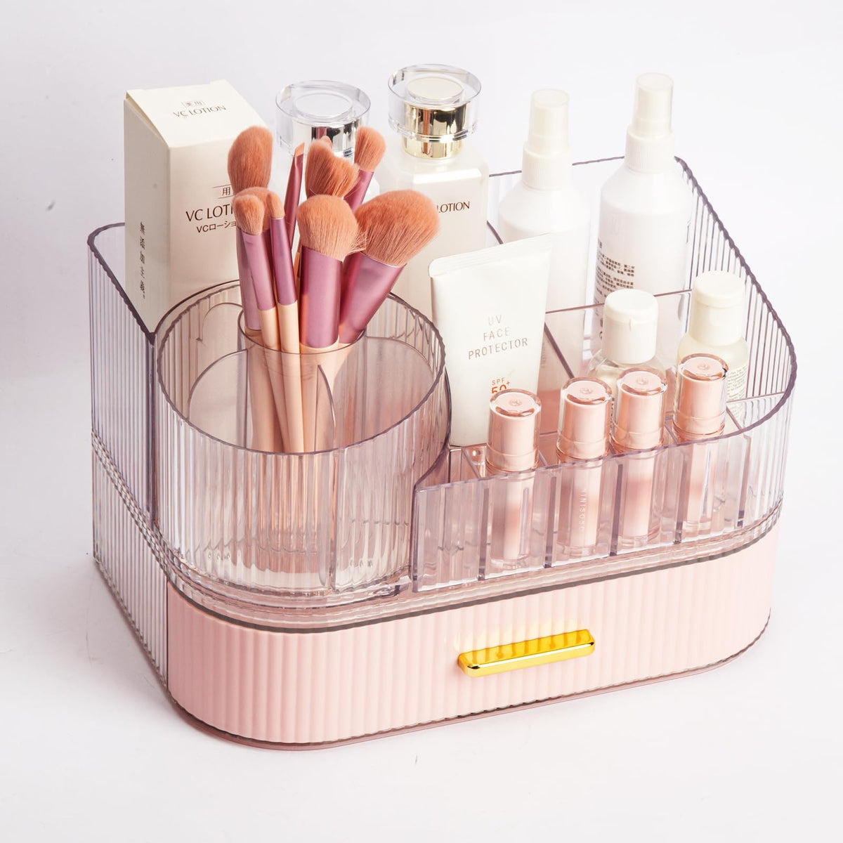 Pink Makeup Organizer with Rotating Brush Holder & Drawer - 11-Inch