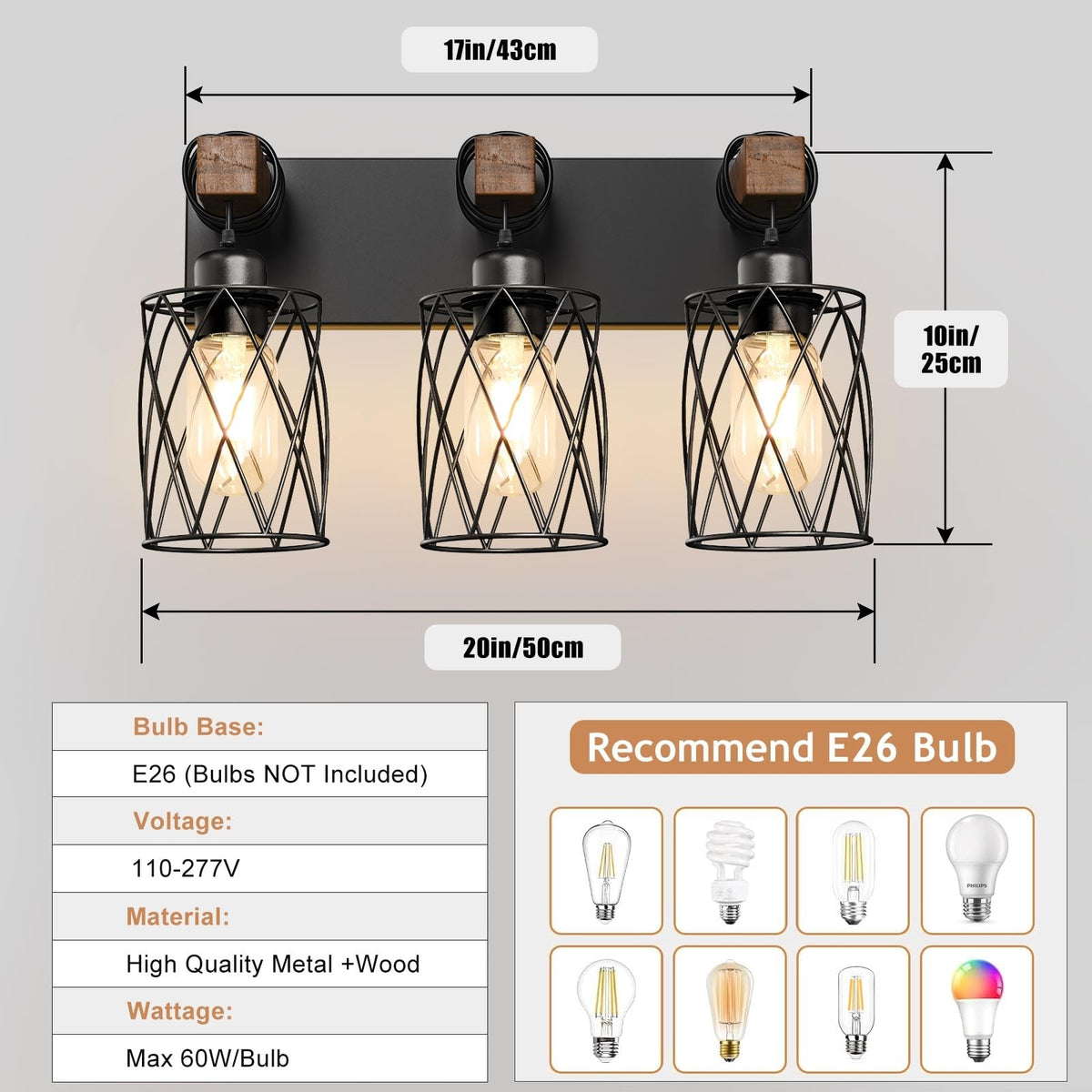 3-Light Farmhouse Vanity Light Fixture for Bathroom & Bedroom - Black Wood and Metal