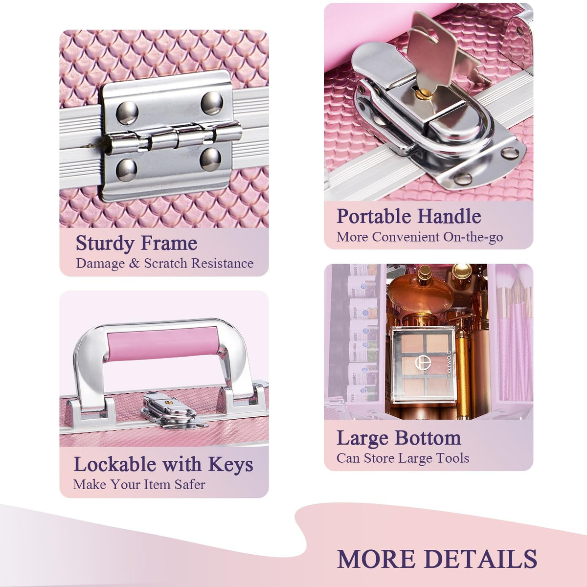 Travel Makeup Case Organizer with Lockable 4-Tier Trays - Mermaid Pink