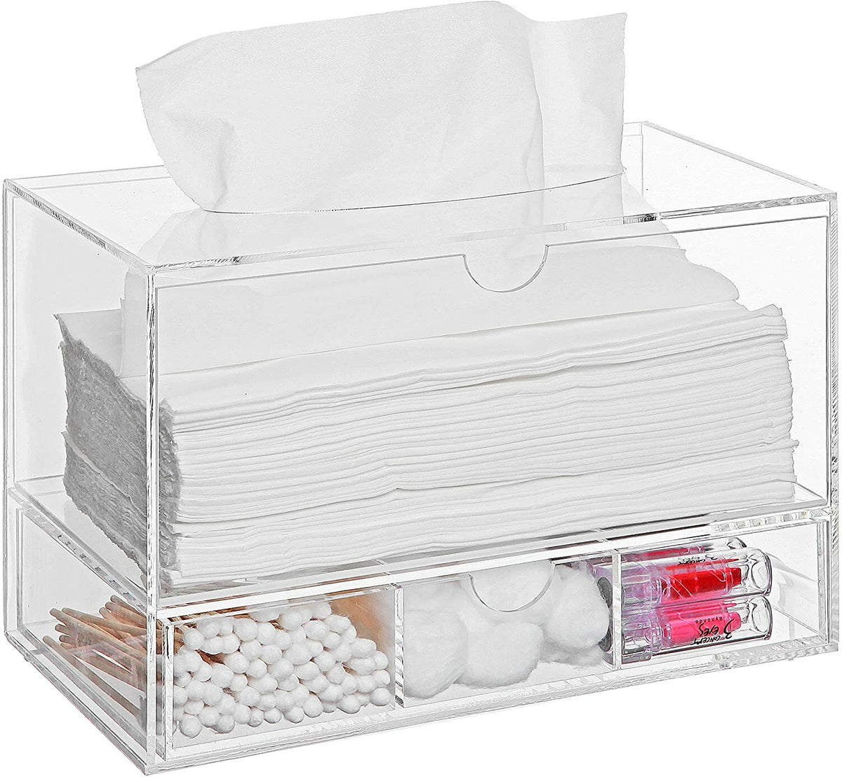 Clear Acrylic Cosmetic Organizer with Tissue Dispenser, Countertop Storage